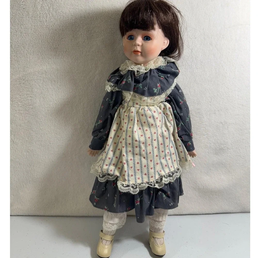 Doll House Porcelain Doll‎ VTG Blue Eyes Braided Hair Floral Dress